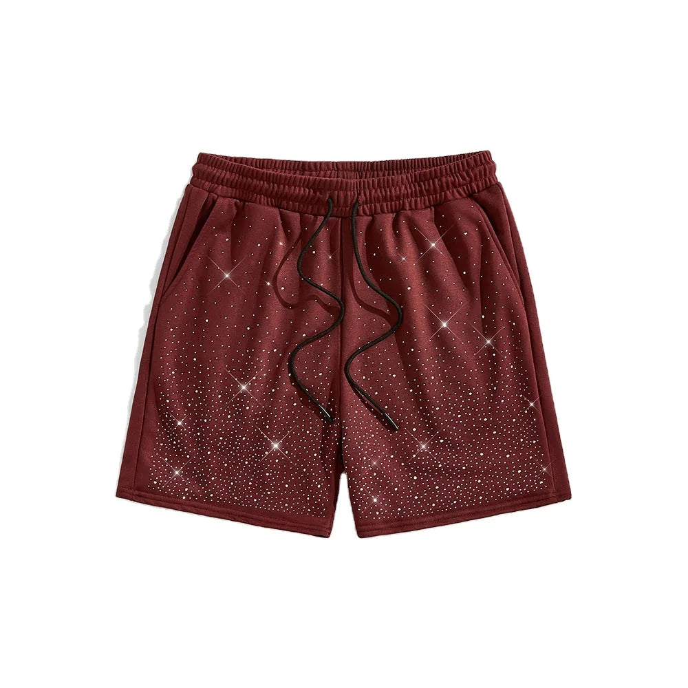 Custom Maroon Solid Rhinestone Men's Summer High Street Diamond 100% Cotton Casual Gym Shorts Elastic Waistband