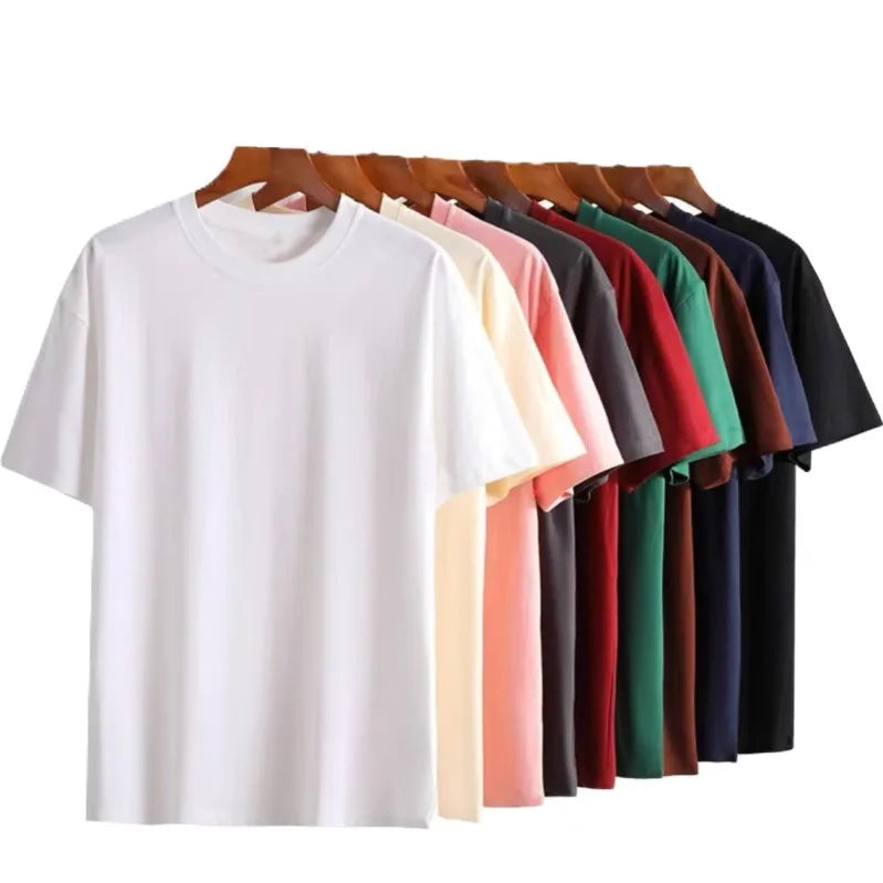 OEM Custom Logo Embroidery 210G Heavyweight Combed Cotton T Shirt Unisex Drop Shoulder Loose Fit Plus Size Round Neck T Shirt