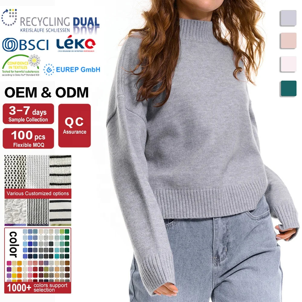 Wholesale Custom Women's Loose Solid Long Sleeve Knitted Pullover Sweater Casual Jumpers with Front Logo Position