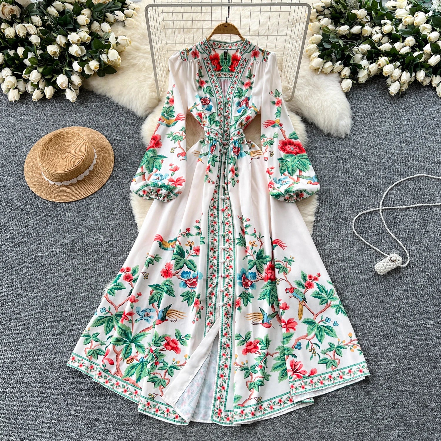 2025 Spring Elegant V-Neck Tunic Casual Midi Dress For Women Empire Printed Lace Dress