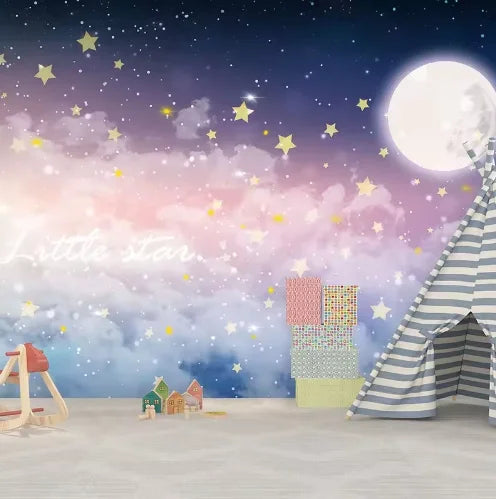Cartoon Children's Room Mural 3D Clouds Dreamlike Starry Night Wallpaper Moon and Stars Wall Paper Wall and Ceiling Decoration