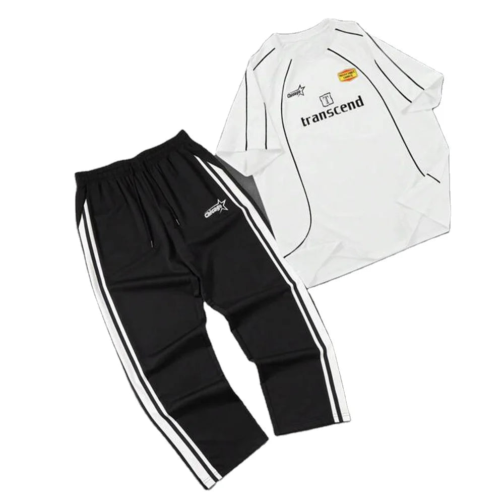 2025 Men High Street Printed Black White Contrast Training Set Lightweight Workout Shirt Pants Custom Logo 2 Piece Athletic