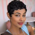 4 Inch Pixie Cut Human Hair Wig Short Curly Voluminous Waves Dark Brown Black Color Comfortable No Maintenance for Women MegaBDM