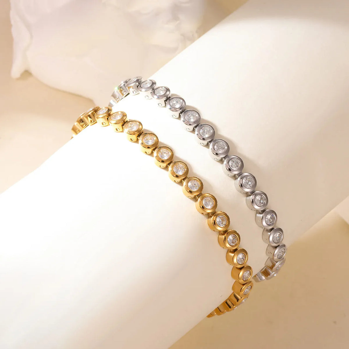 Round Zircon Tennis Bracelet Stainless Steel 18K Gold Plated Waterproof Hypoallergenic Women Fashion Jewelry Wholesale MegaBDM