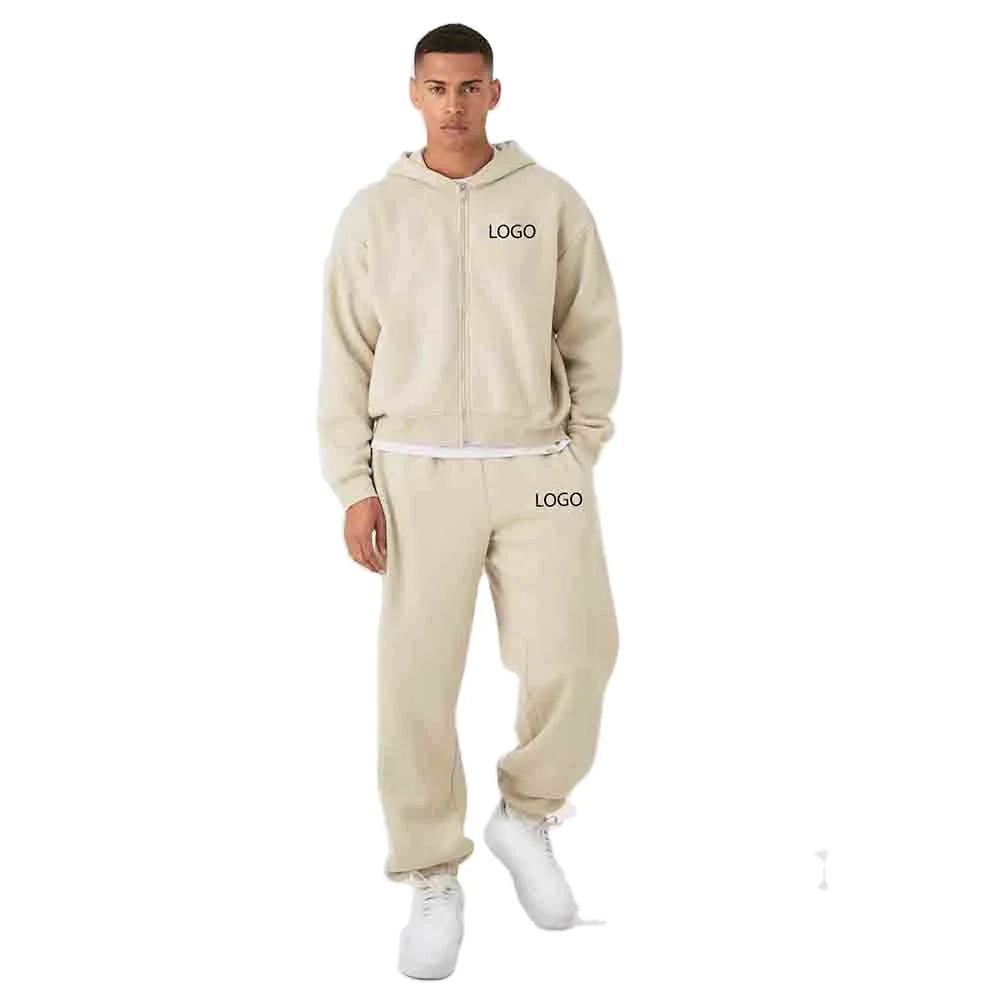 Custom Beige Winter Zip-Up Hoodie and Jogger Set for Men Women Oversized Fit 100% Cotton Fleece Tracksuit Streetwear Sweatsuit