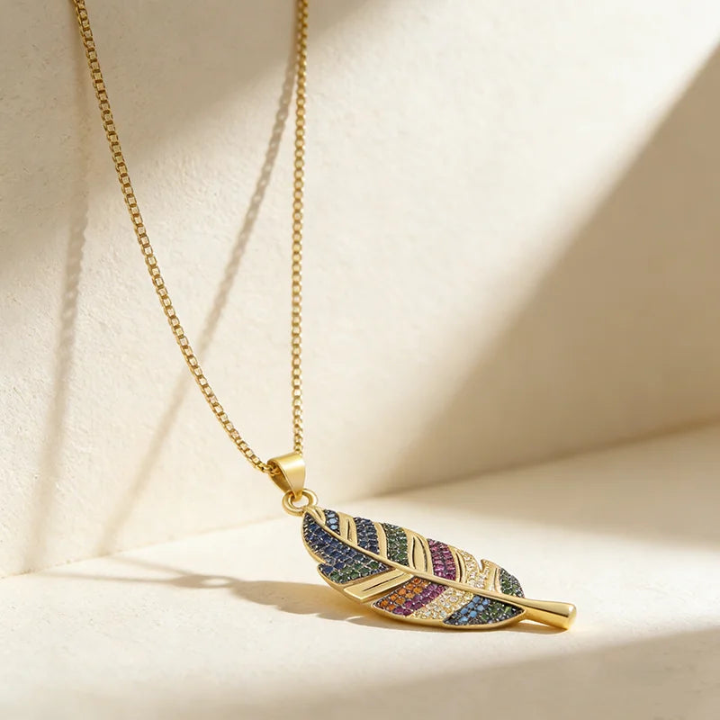 QIKU Vintage Feather Shape 6 Style Pendant Women Necklace Copper Zircon Jewelry Accessories Unisex Gift Wholesale Dropshipping