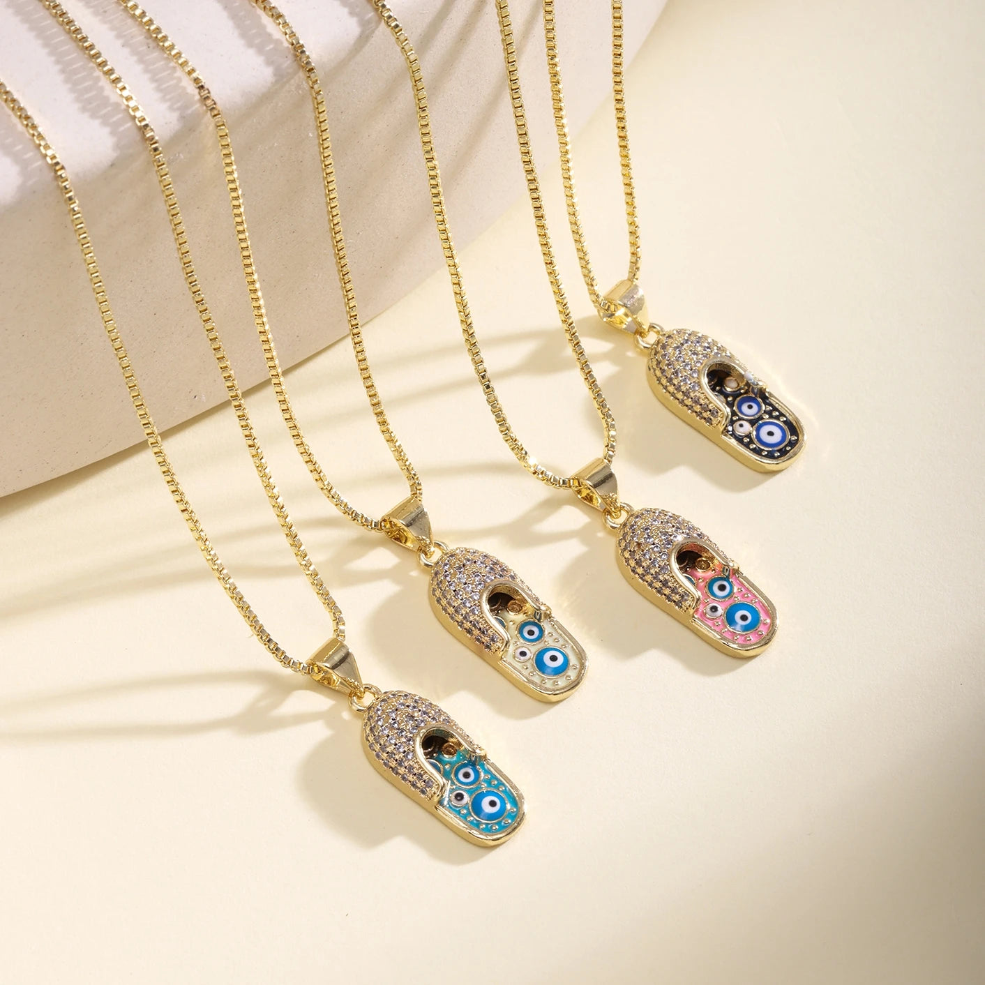 QIKU 18K Gold Plated Evils Eye Enamel & Mini Shoe Pendant Necklace Adjustable Copper Zircon Jewelry for Women & Men Daily Wear