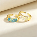 QIKU 18K Gold Plated Enamel 6 Colors Letter Love Copper Rings Unisex Adjustable Opening Women Jewelry Beautiful Lover Gift