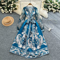 Spring Vintage V-Neck Tunic Bandage Casual Midi Dress For Women Lantern Sleeve Empire Printed Mesh Dress