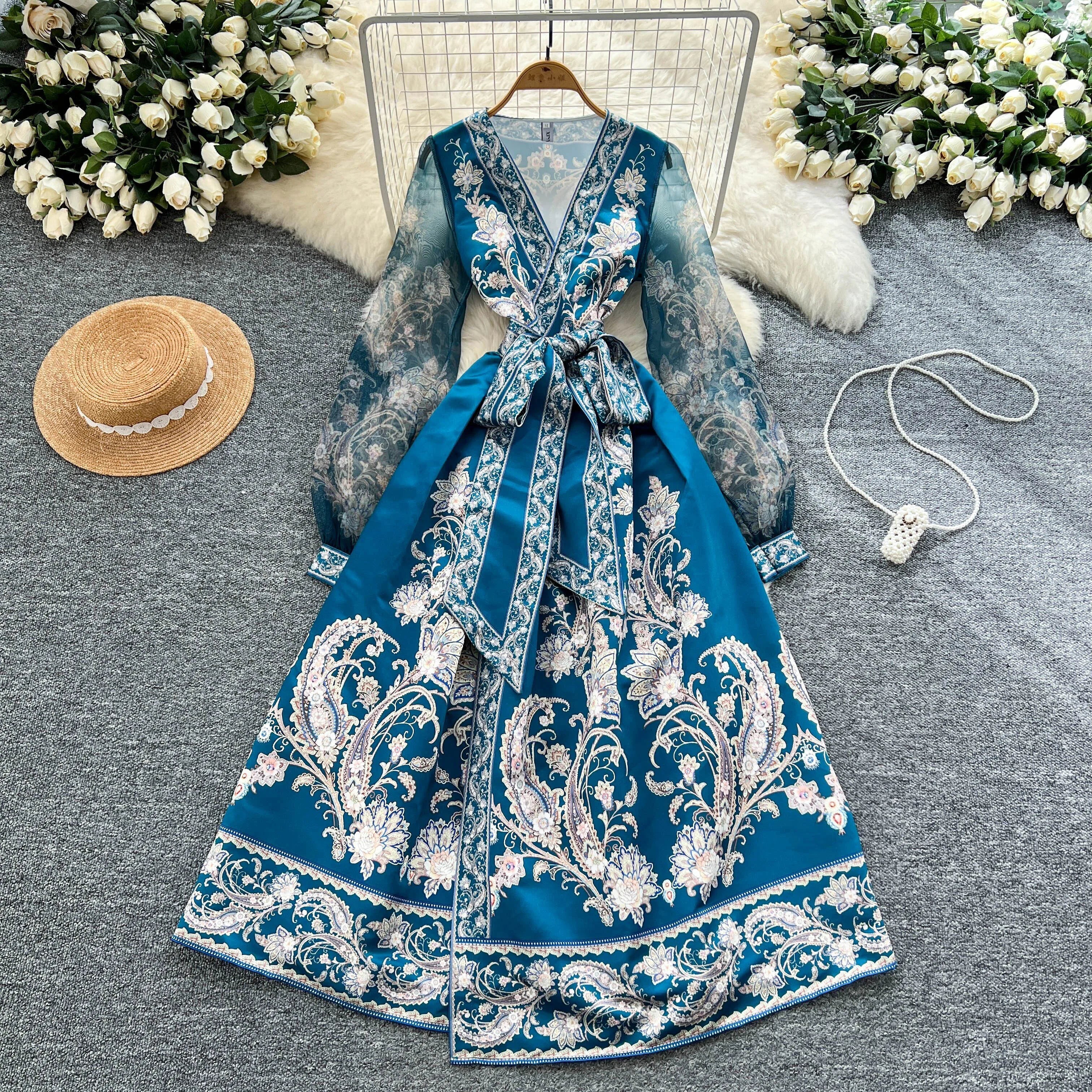 Spring Vintage V-Neck Tunic Bandage Casual Midi Dress For Women Lantern Sleeve Empire Printed Mesh Dress