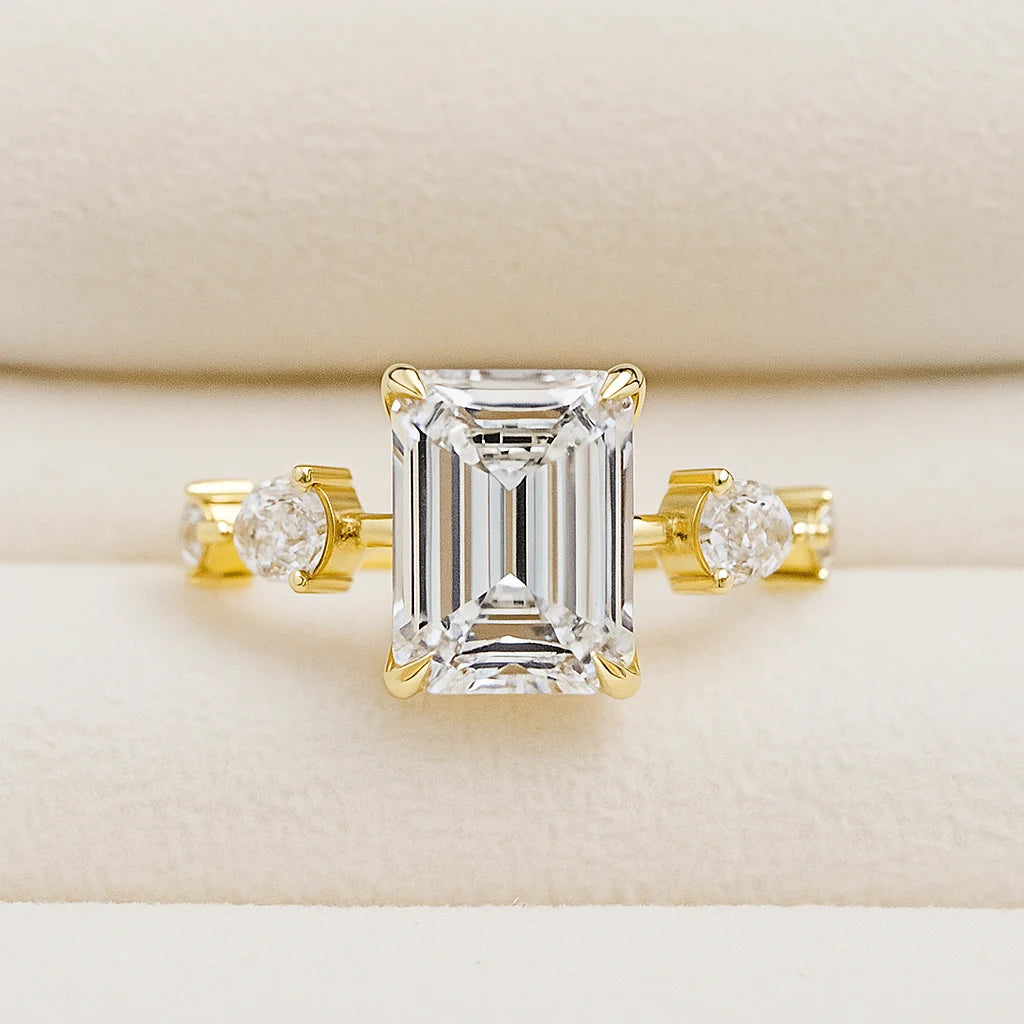 VVS Moissanite Engagement Ring for Women 925 Sterling Silver 14K Gold Emerald Cut IGI Certified Wedding Party Jewelry