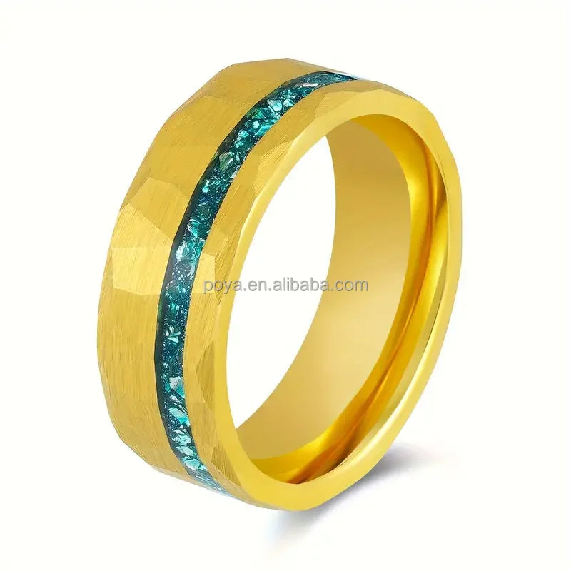 Poya 8mm Gold Tungsten Hammer Ring with Green Opal High Quality Trendy Wedding Engagement Holidays Birthdays Anniversary Gift