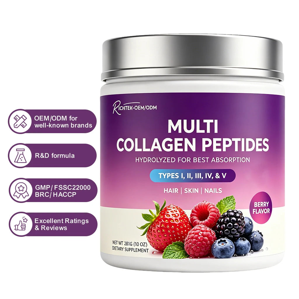 Richtek ODM/OEM Hydrolyzed Multi Collagen Peptides Types I II III IV V Berry Flavor Hair Skin Nails Joint Support MegaBDM
