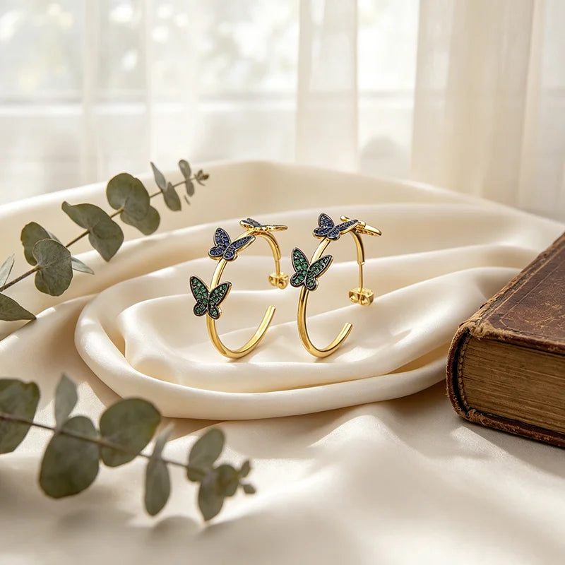 QIKU Wholesale Luxury Rainbow Crystal Butterfly Hoop Earrings Big Circle Charm Wedding Engagement Jewelry Accessories