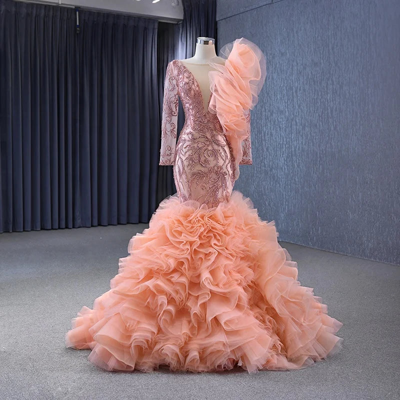 Jancember 222146 Stylish Long Sleeve Rose Pink Lace Mermaid Evening Formal Dresses