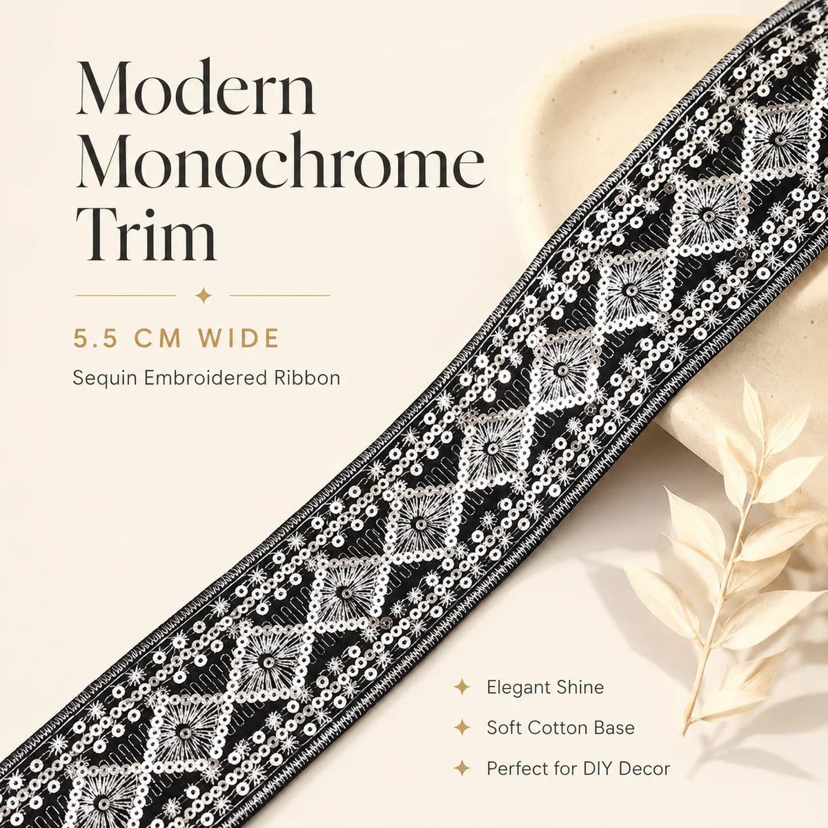 5.5 Inch Vintage Black White Sequin Trim Ribbon Boho Embroidery Tape for Sewing Clothes Bags Costume Design Crafts & Decor MegaBDM