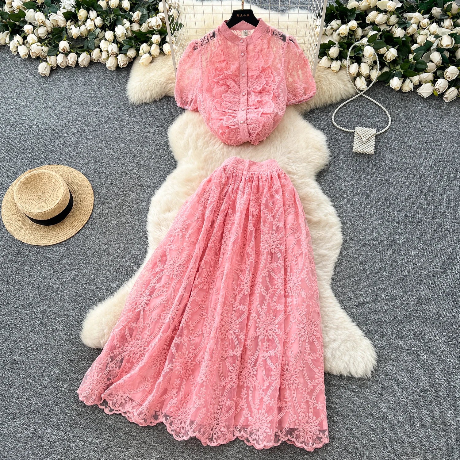 Summer Women's Roman Sets Puff Sleeve Top And High Waist Lace Skirts Set Ropa Wholesale