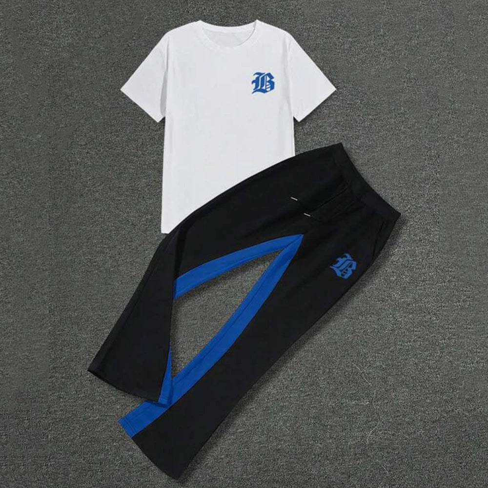 Polyester Jogger Pants Blue Contrast Panel Custom White Tee Co-ord Set Drawstring Waist Urban Streetwear Design Plus Size Autumn