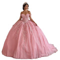 Luxury Pink Quinceanera Ball Gown Off Shoulder 3D Lace Applique Beaded Corset Glitter Tulle Princess Prom Dress MegaBDM