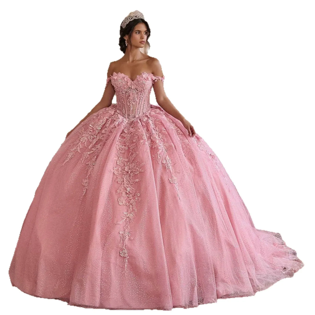 Luxury Pink Quinceanera Ball Gown Off Shoulder 3D Lace Applique Beaded Corset Glitter Tulle Princess Prom Dress MegaBDM