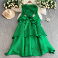 V-Neck Tunic Slim Pleated Midi Dress for Women Lantern Sleeve Empire Beaded Ruffled Lace Dress