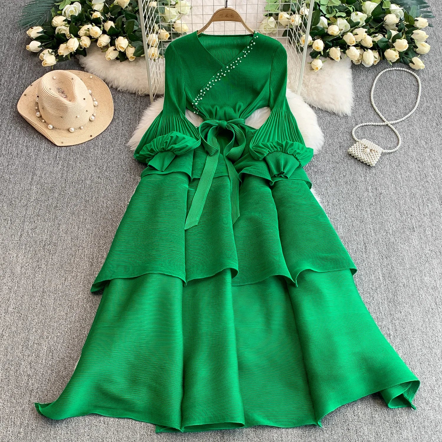 V-Neck Tunic Slim Pleated Midi Dress for Women Lantern Sleeve Empire Beaded Ruffled Lace Dress