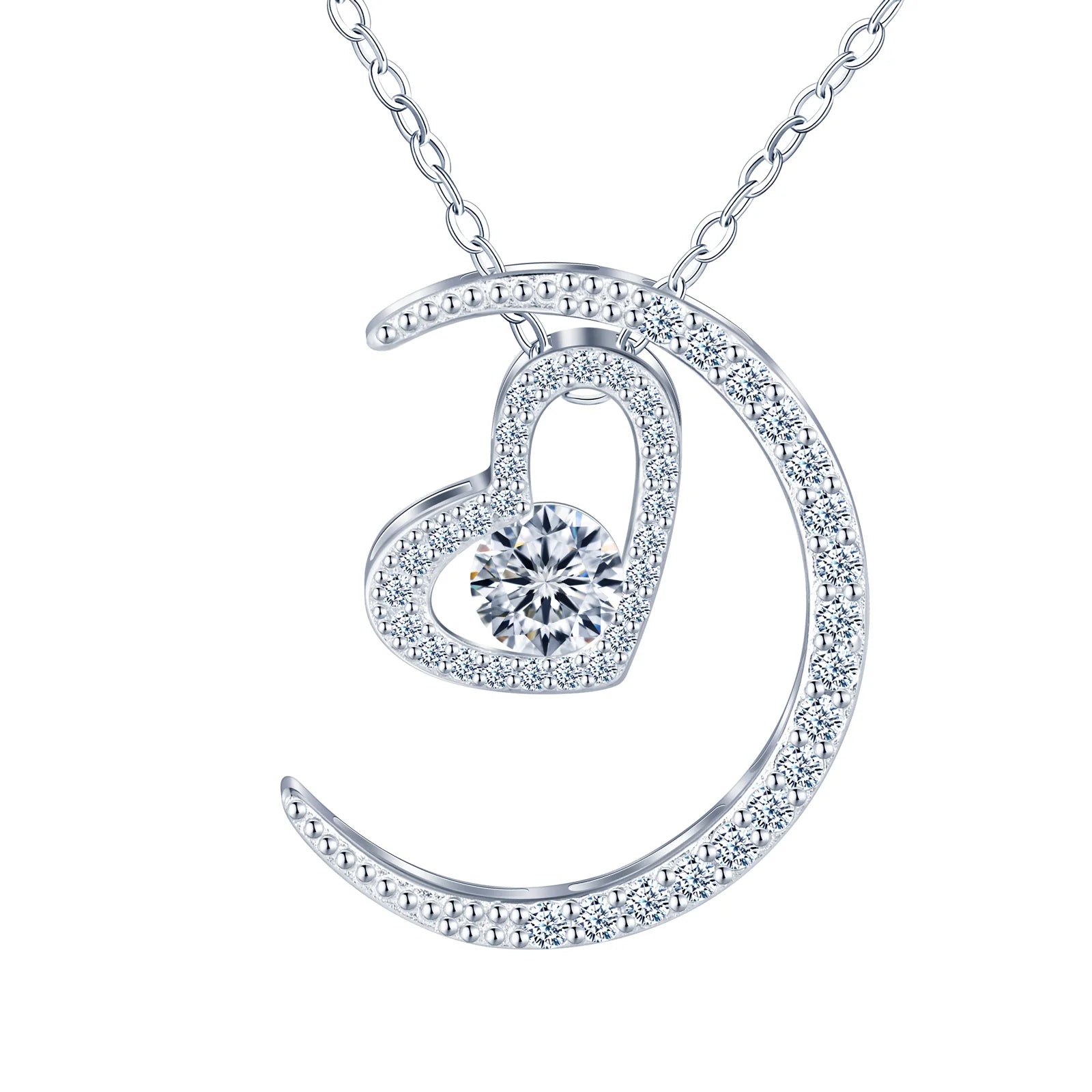 Fashion Moon Pretty Girl 925 Sterling Silver VVS Moissanite Heart Moissanite Necklace Link Chain