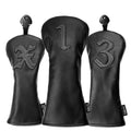 Drop Shipping 3pcs/ Set   Black Applique PU Leather Golf Club Headcover Driver Fairway Wood Hybrid Cover Set