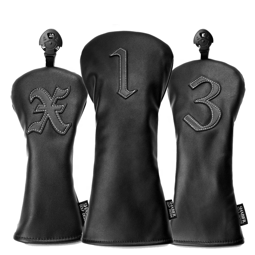Drop Shipping 3pcs/ Set   Black Applique PU Leather Golf Club Headcover Driver Fairway Wood Hybrid Cover Set