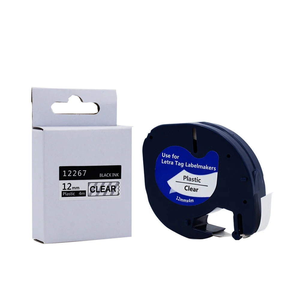 Tatrix 12267 12mm Black on Clear Compatible Adhesive Thermal Paper Label Tape 12267 for DYMO LetraTag 100H Printer