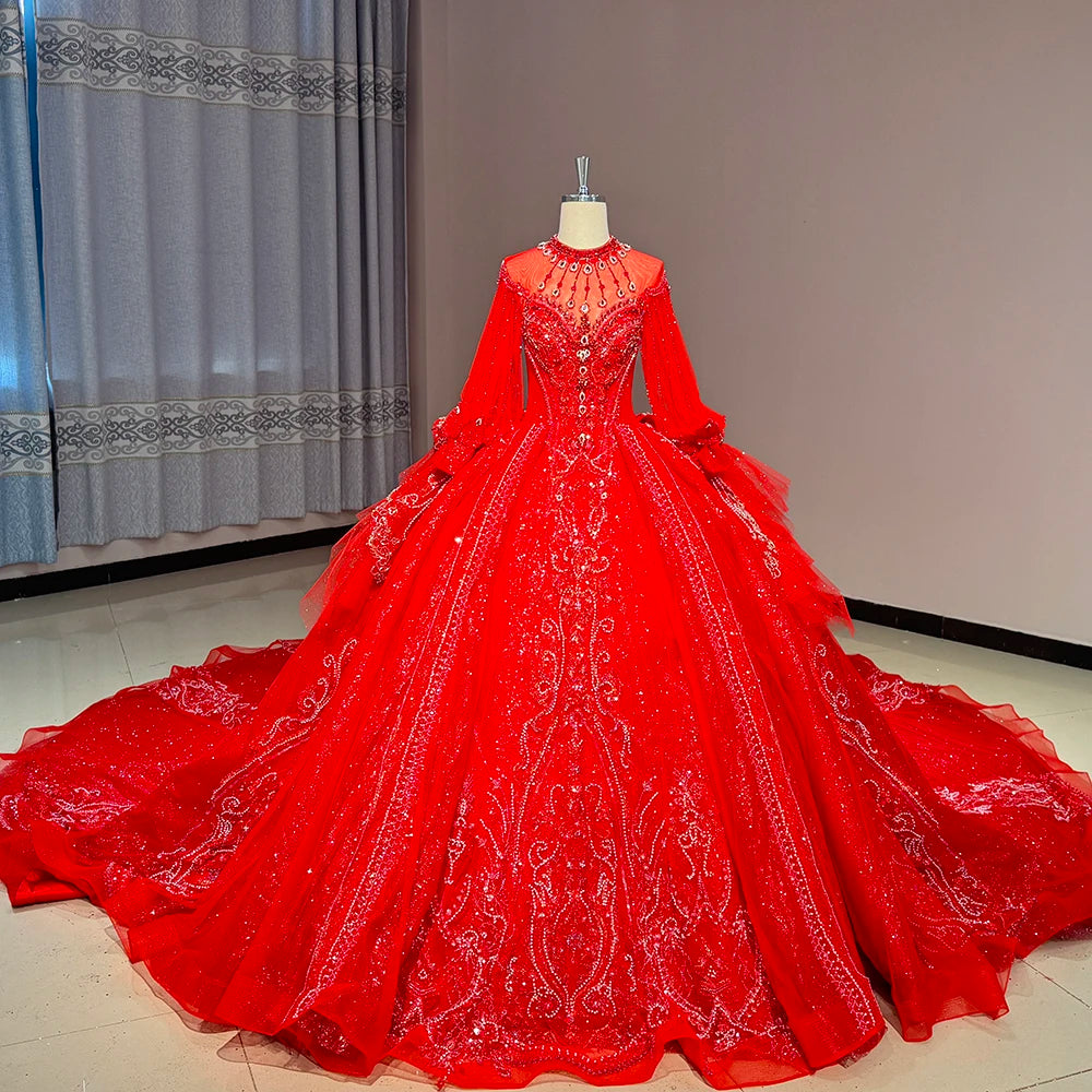 Jancember DW0059 Vintage Red Flare Sleeve High Neck Evening Women's Party Dresses MegaBDM