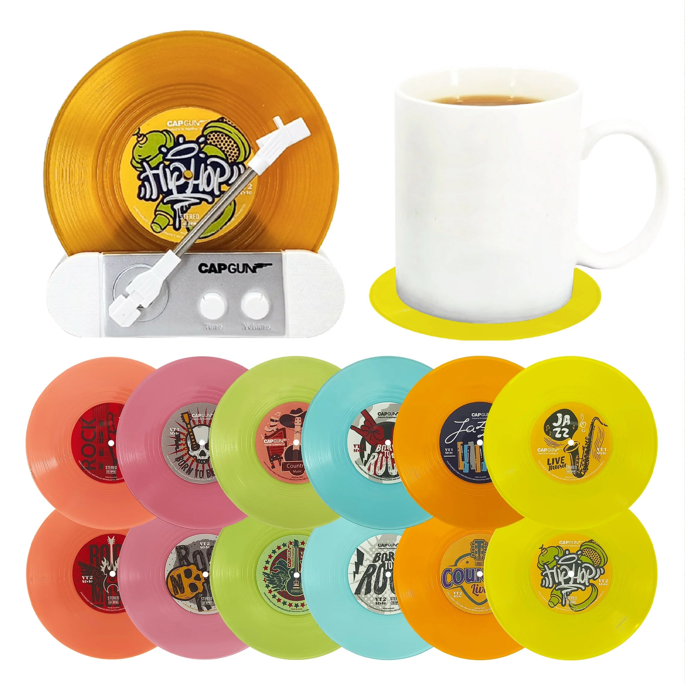 12pcs Colorful Vinyl Record Kitchenware Set Plastic 45 Drinks Coasters with Coaster Holder
