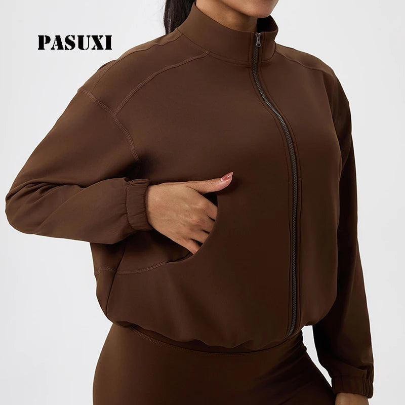 PASUXI Thermal Fleece Yoga Jacket Full Zip Stand Collar Running Coat Breathable Warm Gym Activewear for Women Outdoor Sports MegaBDM