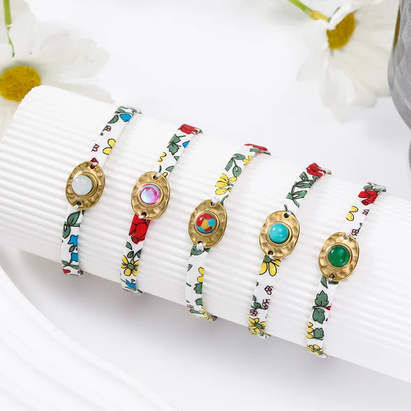 New National Style Bohemian Small Flower Cloth Fashion Color Retro Natural Stone Women's Bracelet Titanium Steel Jewelry