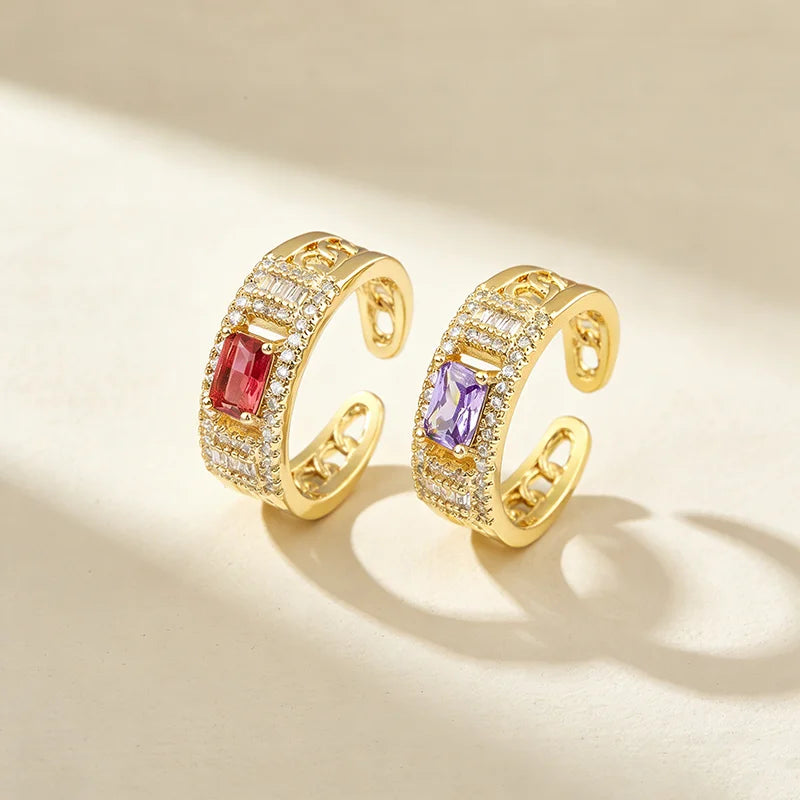 QIKU Fashion Exquisite Trendy Unisex Rings 18K Gold Plated Copper 5 Colors Rectangle Rhinestone Adjustable Opening Finger