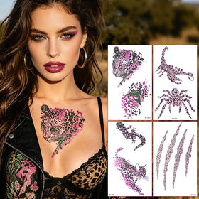 Aesthetic Leopard Cheetah Print Tattoo Sticker Purple Glitter Skull Spider Butterfly Y2K Style Body Face Art Decal for Women