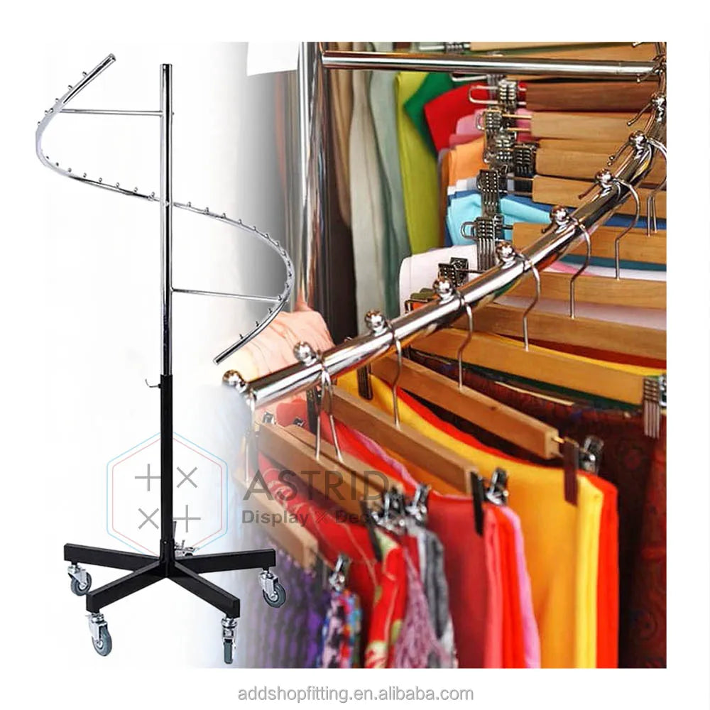 Modern Stainless Steel Detachable Clothing Display Rack Movable Wheels Black Base Chrome Top Luxury Design Carton Packaging for