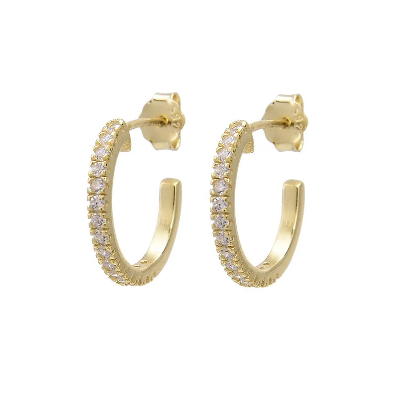 14K Gold Plated C-Shape Zircon Stud Earrings 925 Sterling Silver Engagement Wedding  Party