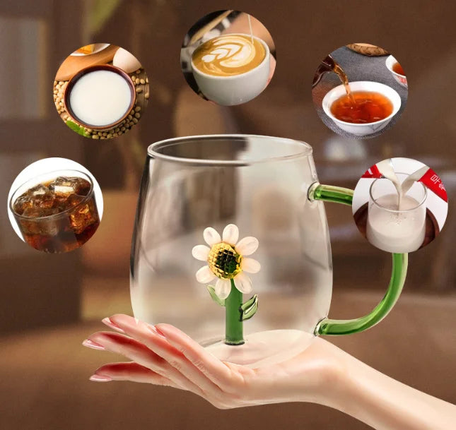 Flower Design Green Handle Borosilicate Glass Coffee Mug 13-14 oz Leak Proof Custom Logo Handmade Eco-Friendly Modern Art Unique MegaBDM