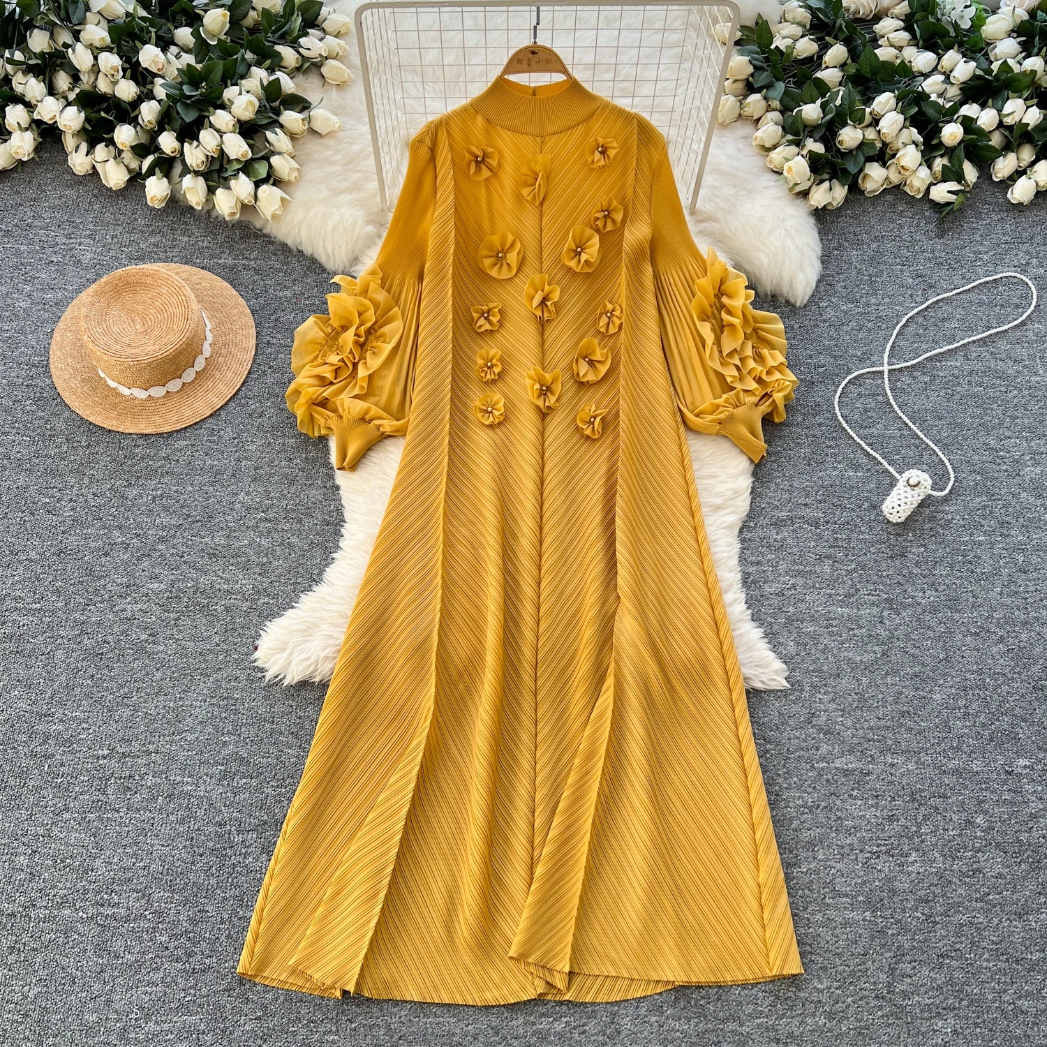 2025 Spring Slim Pleated Midi Dress For Women Empire 3D Shift Lace Dress