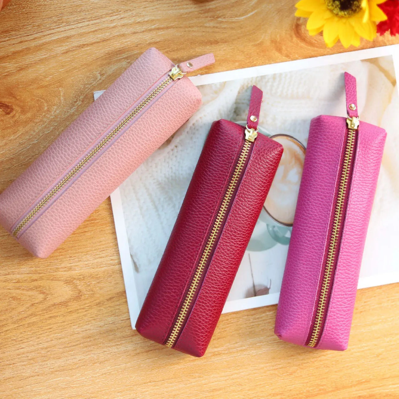 Premium Genuine Leather RR Pencil Case Custom Logo Chic Lychee Pattern Zipper Portable Pen Pouch Holder School Office Use
