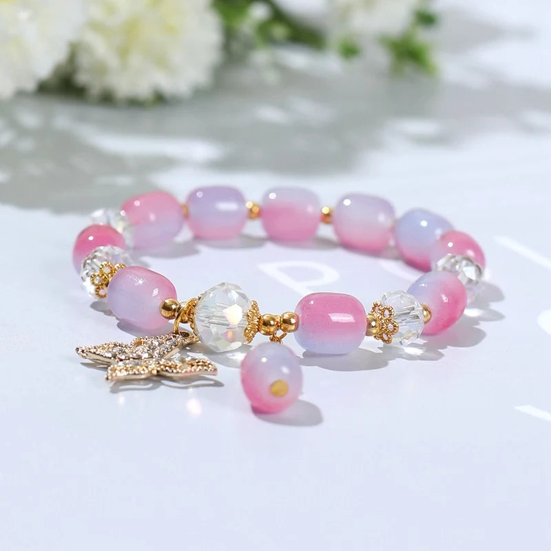 Ins Colorful Gradient Butterfly Charms Bracelet Jade Glass Butterfly Pendant Bracelets for Girls Crystal Butterfly Bracelet