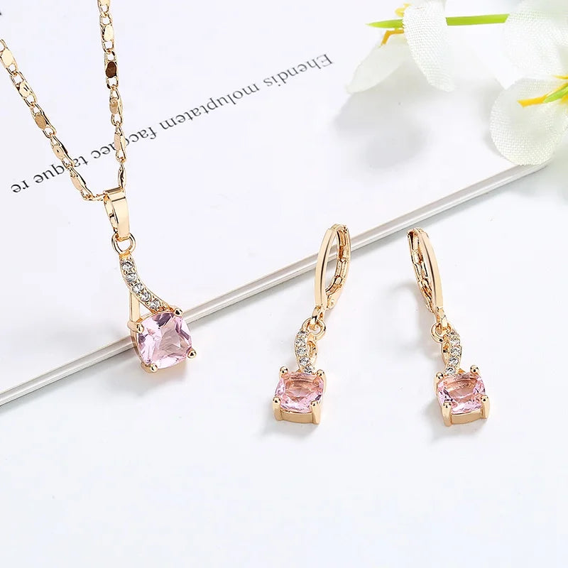 Ladies Fine Jewelry 2022 Trendy Brass 18k Laminated Gold Wholesale Jewellery Earrings Necklace Set with Cubic Zirconia