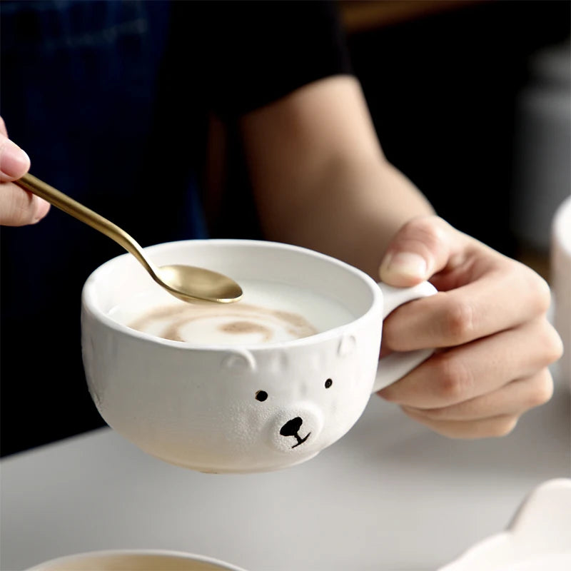 Ice Bear Dinnerware Tableware Wholesale White Ice Bear Shape Ceramic Mug  With Handle and Saucer Cute Coffer Cup Set for Kids