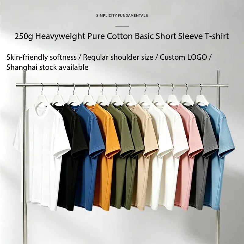 OEM 250G Heavyweight 100% Cotton Unisex Crew Neck T Shirt Straight Shoulder Premium Basic Tee Printed Short Sleeve Wholesale MegaBDM