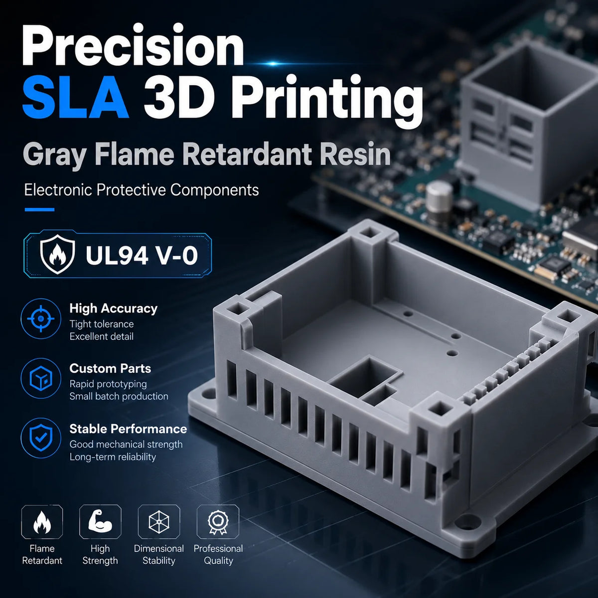 Precision SLA 3D Printing Gray Flame Retardant Resin Electronic Protective Components UL94 V-0 MegaBDM