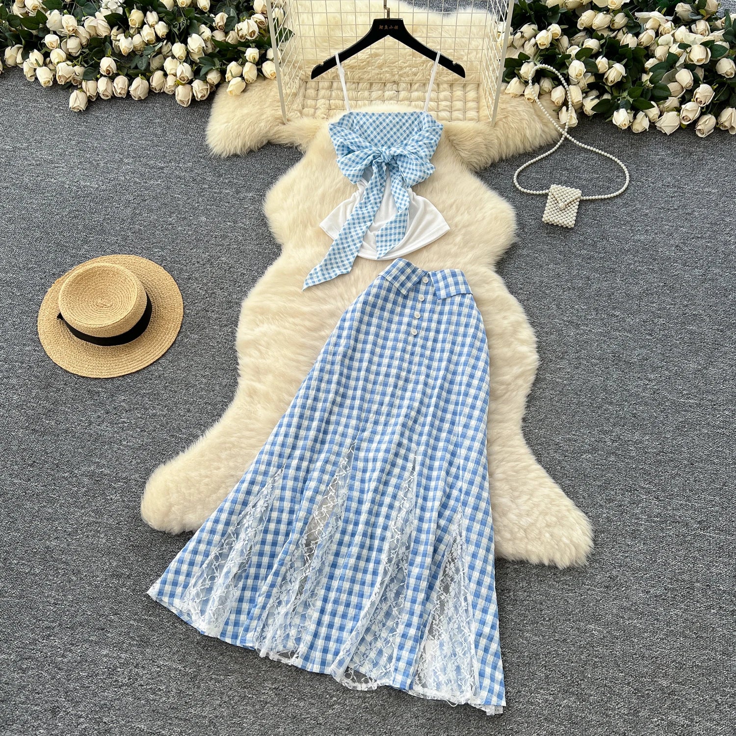Women's Y2K Sets Bandage Tube Top And High Waist Patchwork Mesh Set Clothing Wholesale