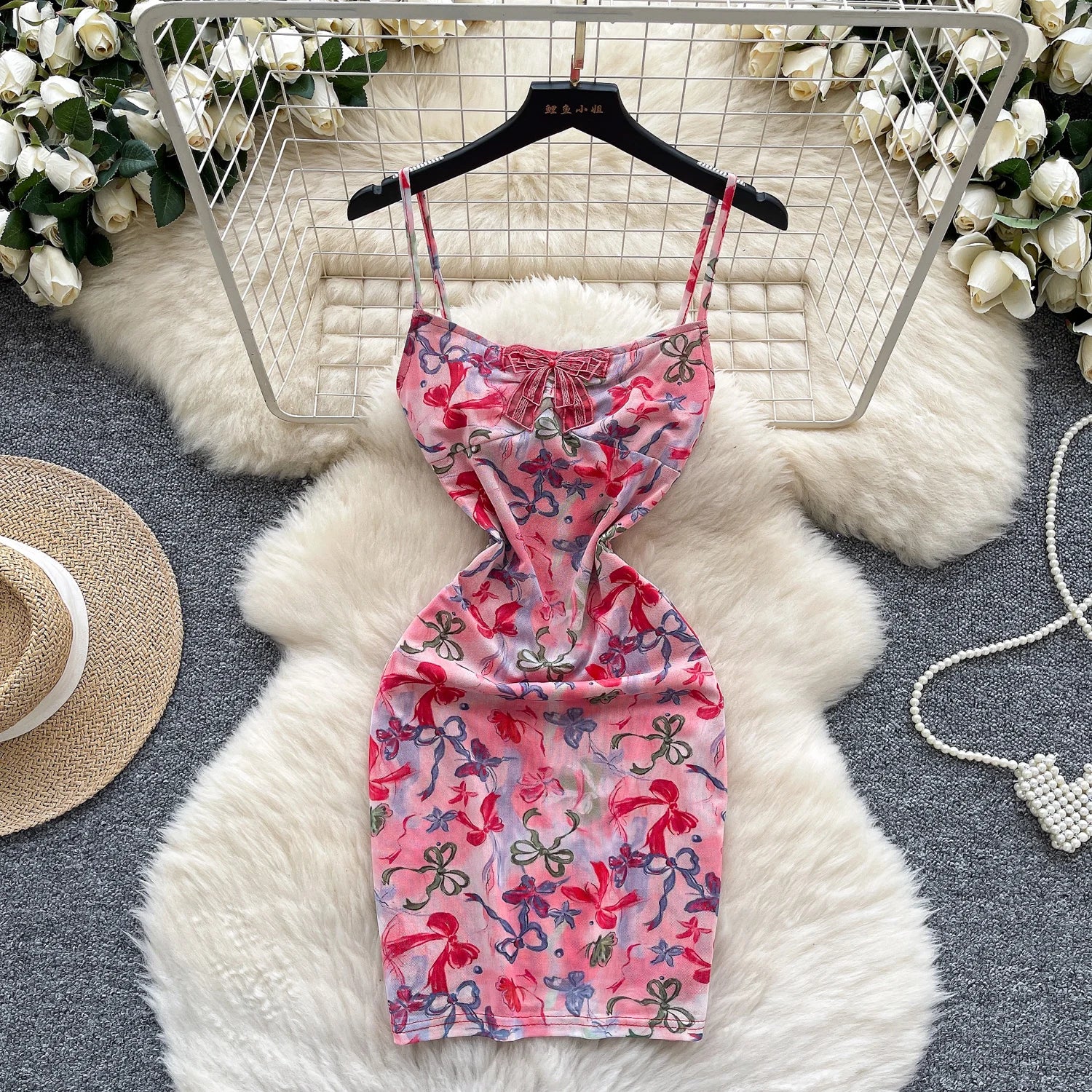 2025 Summer Y2K Bow Collar Slim Casual Midi Dress For Women Empire Printed Mesh Dress