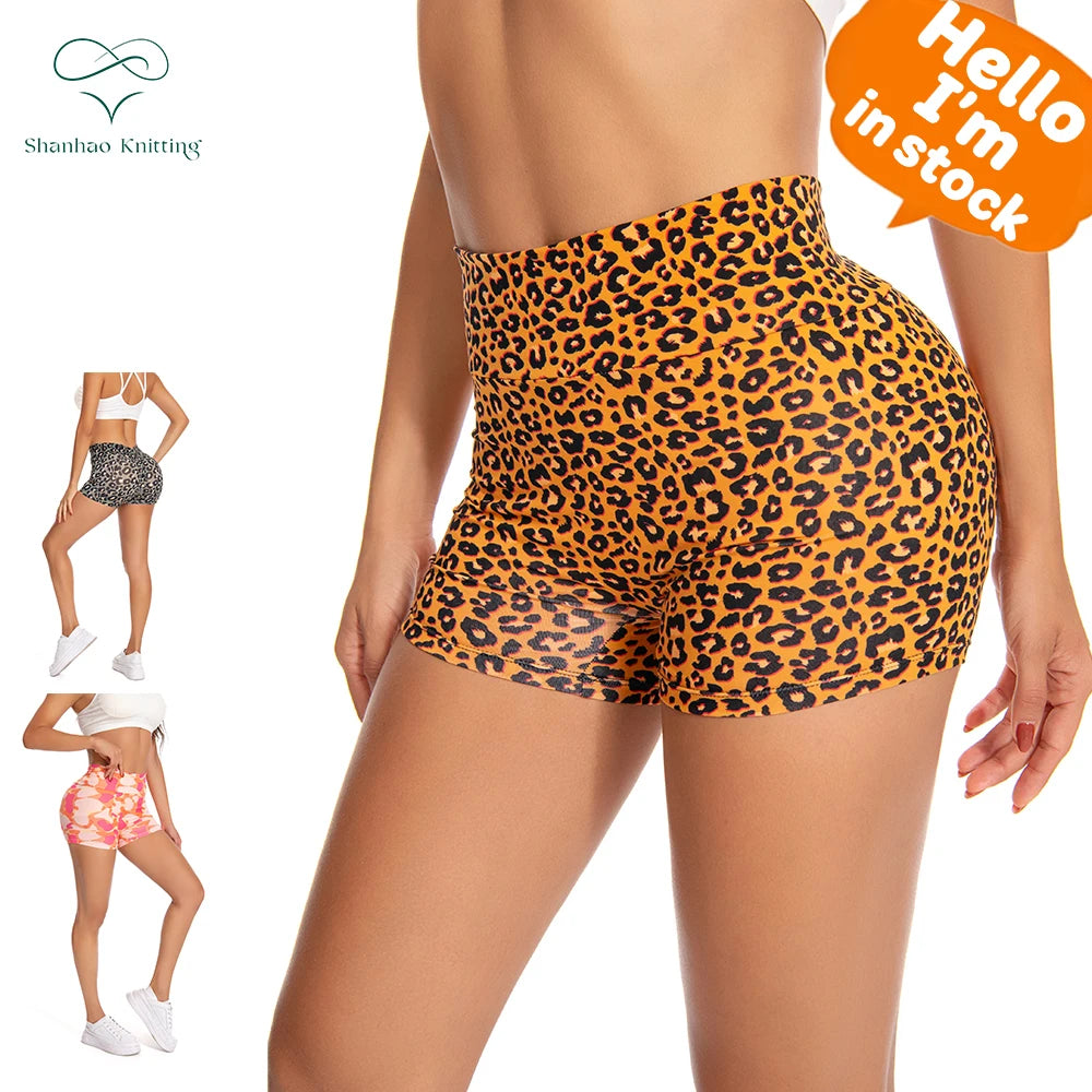 Shanhao OEM High Waist Yoga Shorts for Women Stretchy Gym Biker Bottoms Lift Butt with Leopard Pattern