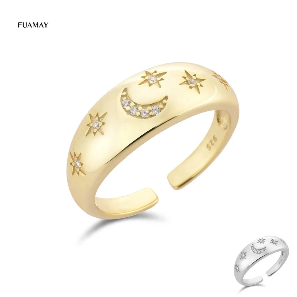 FUAMAY Luxury Chunky Moon and Star Rings Bold Open Zirconia Starburst Classic Style Wedding and Party Jewelry